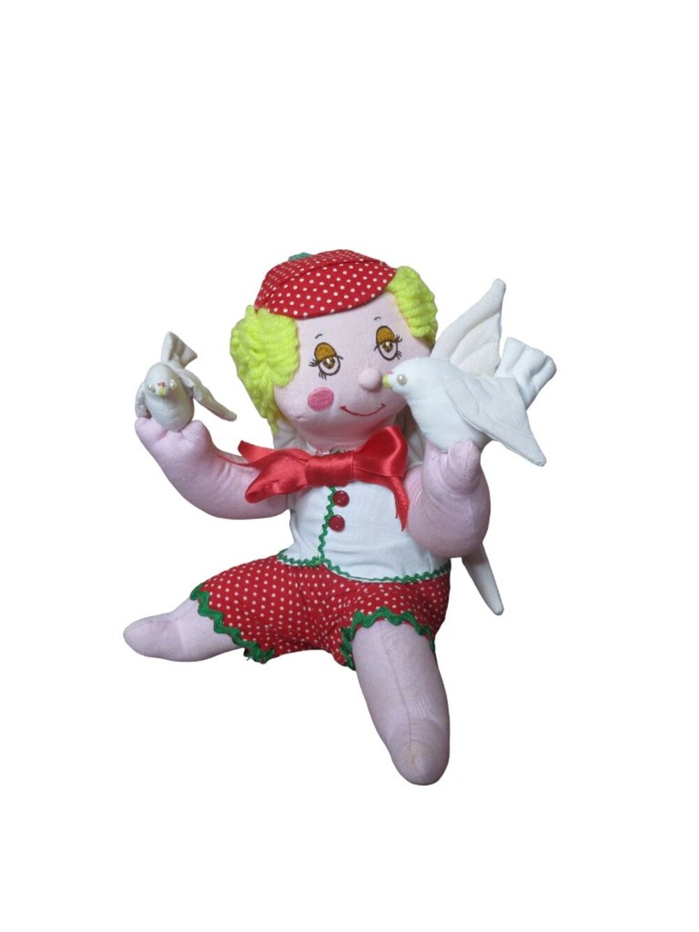 Plush Stuffed Angel holding 2 doves - 9.5" Sitting Vintage